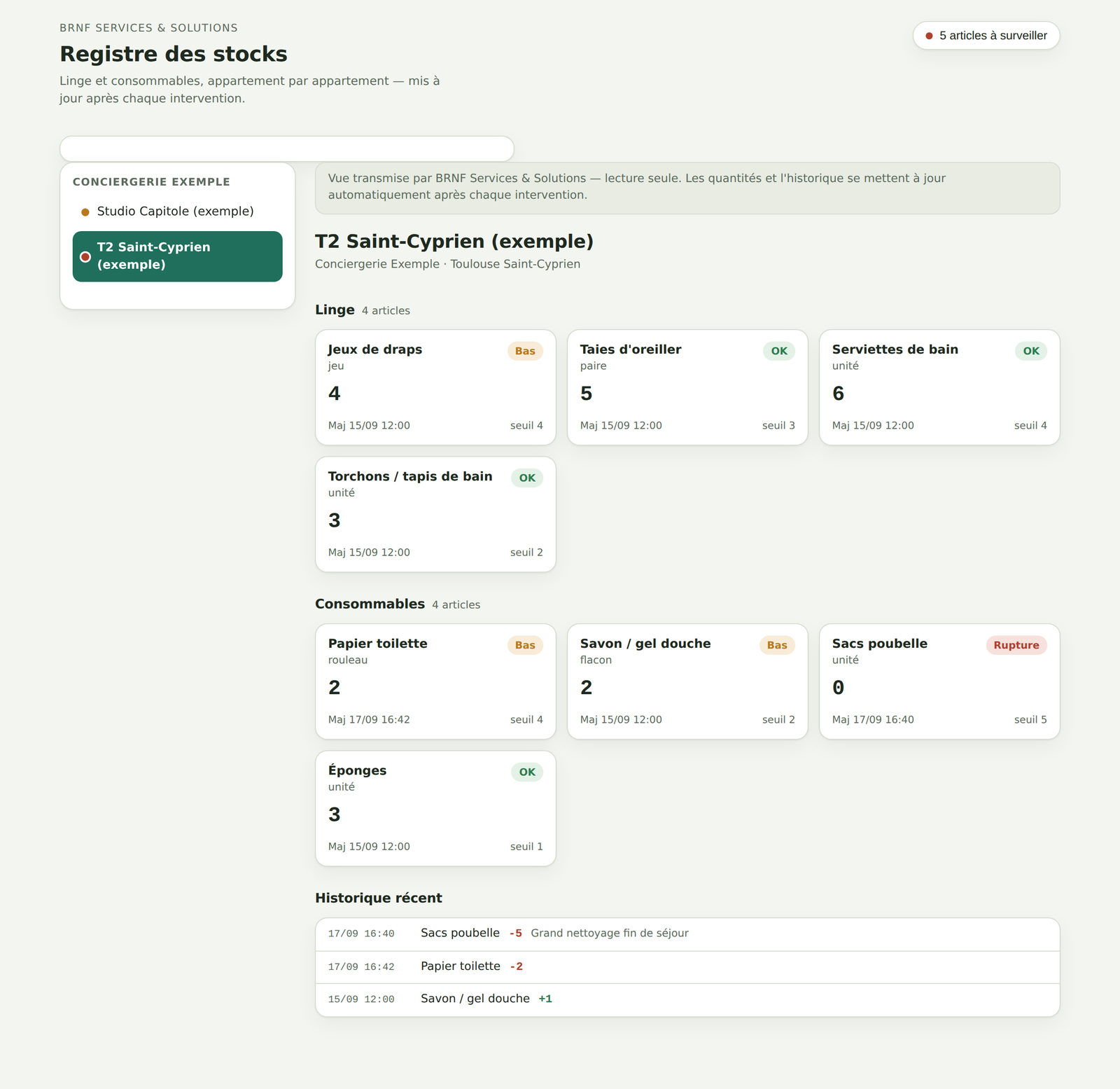 Aperçu du registre des stocks partagé : vue en lecture seule d'une conciergerie, avec quantités, alertes et historique par appartement